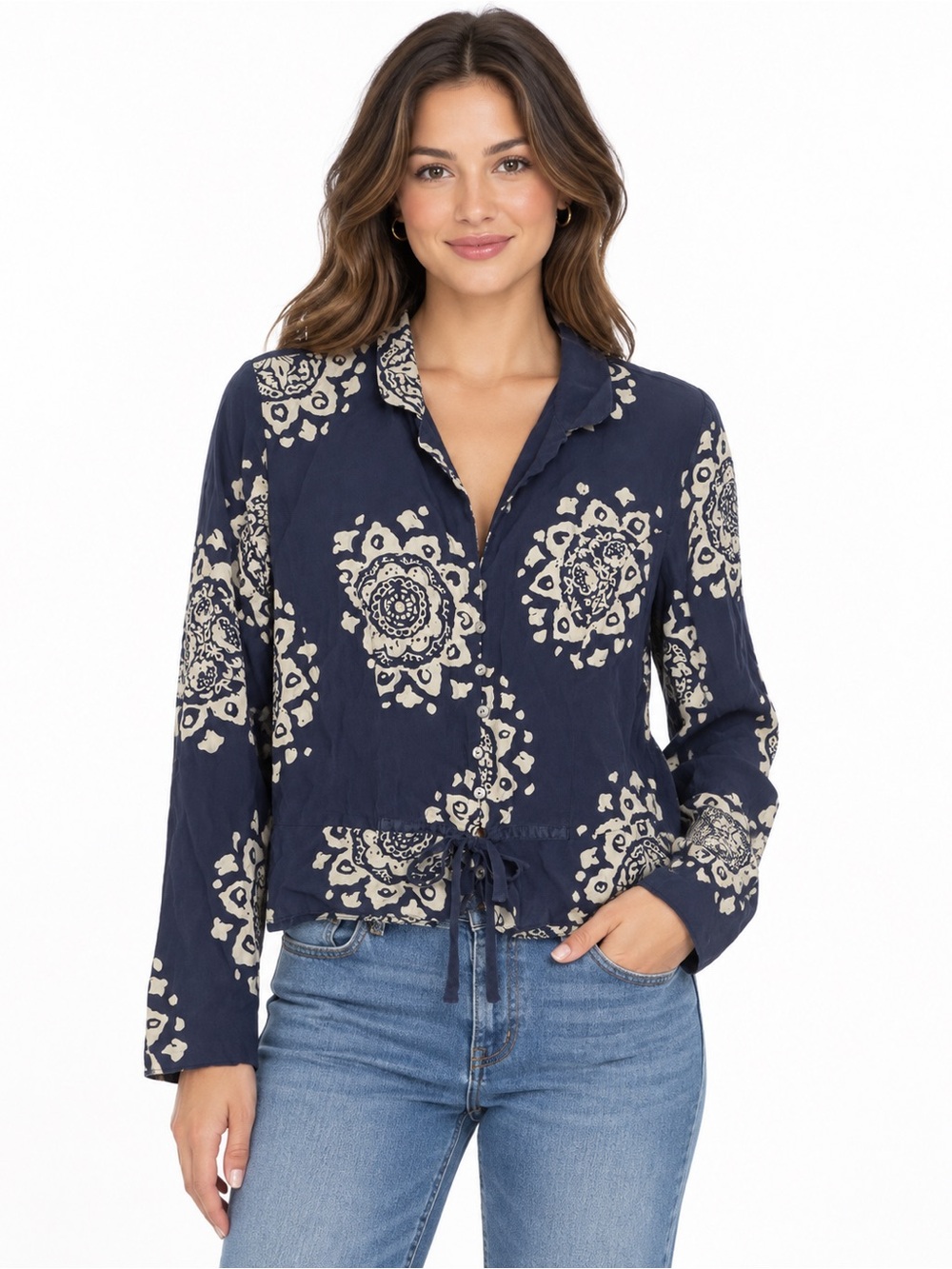 Navy Floral Print Tie-Waist Button Shirt - Women Tops - 1097